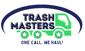 Logo for Trash Masters featuring a green truck, star-shaped wheels, and the slogan 