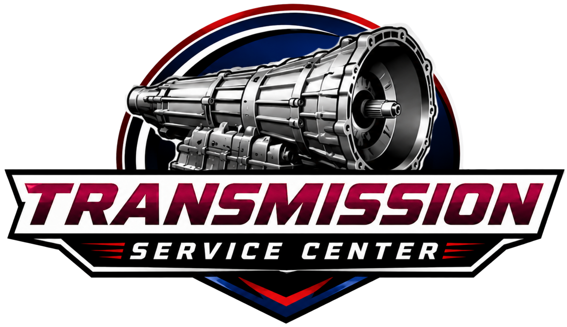 Transmission Service Center logo with a metallic gearbox and red, white, and blue text
