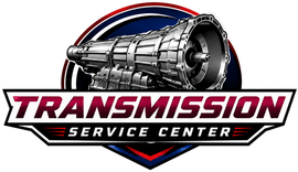 Transmission Service Center logo with a metallic gearbox and red, white, and blue text