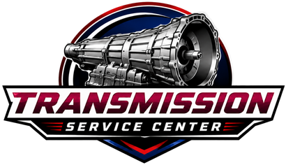 Transmission Service Center logo with a metallic gearbox and red, white, and blue text