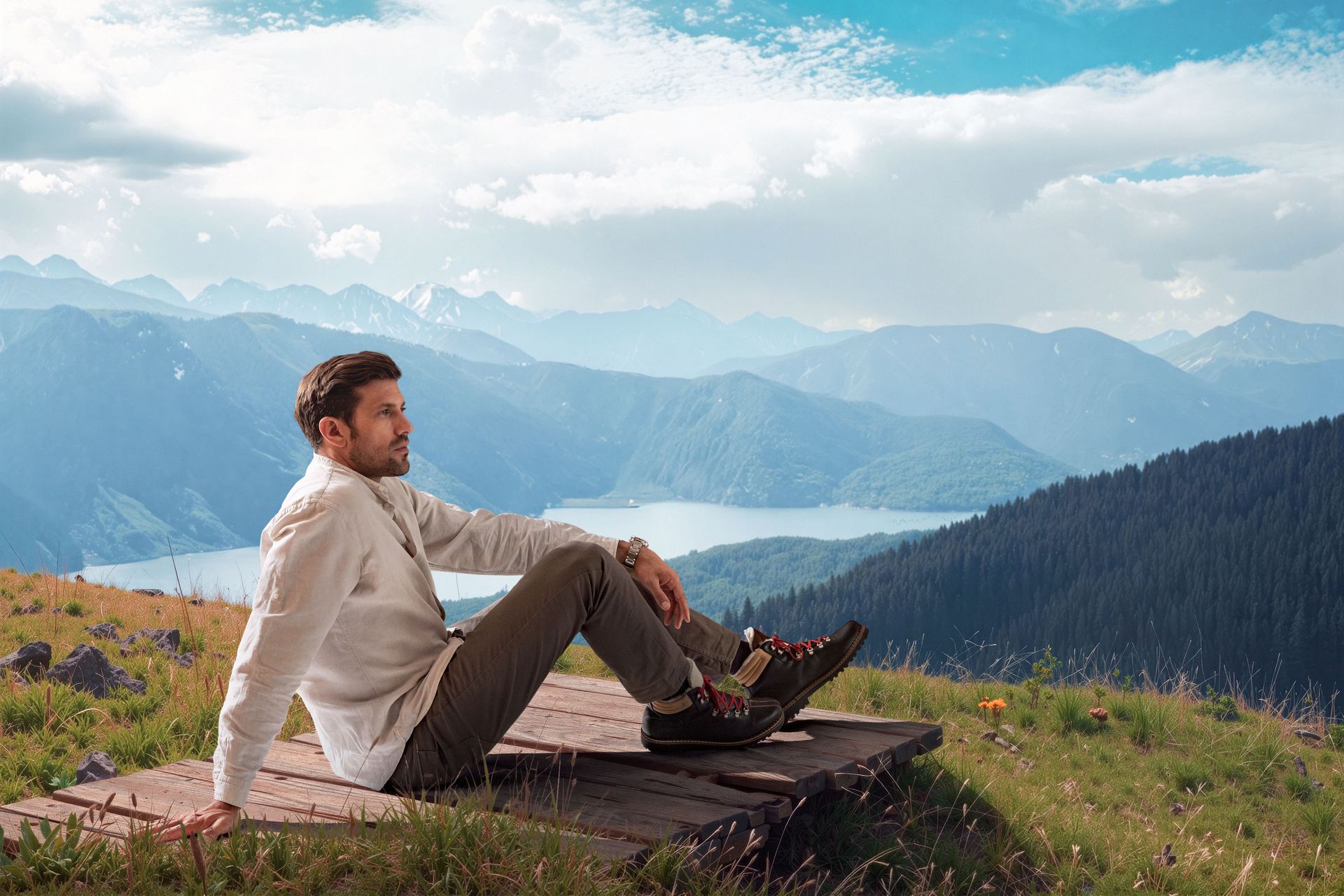 Mann sitzt auf einer Holzbank mit Blick auf einen Bergsee. Der Himmel ist blau und bewölkt.