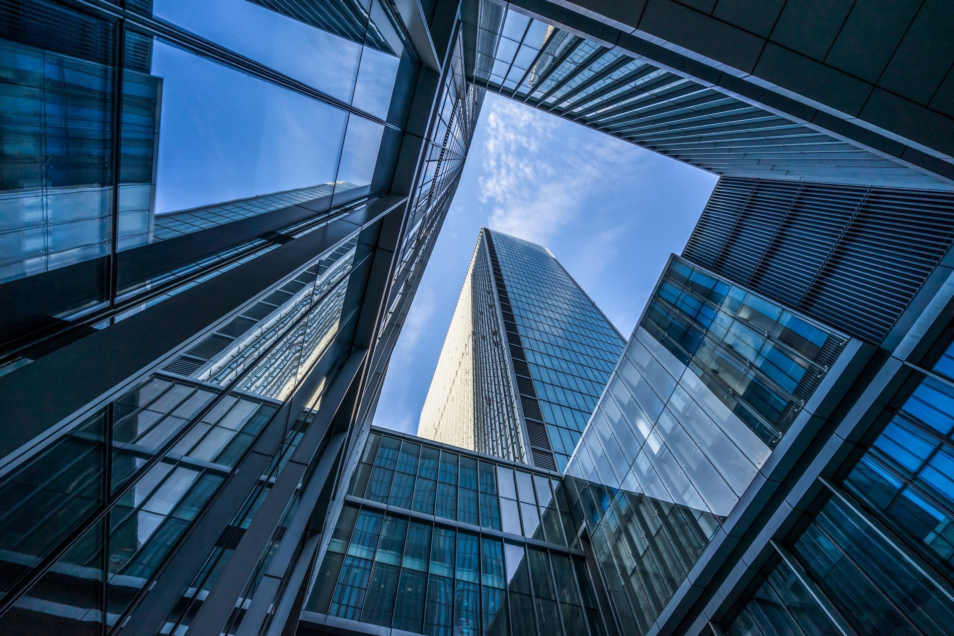 Modern commercial office buildings viewed from below