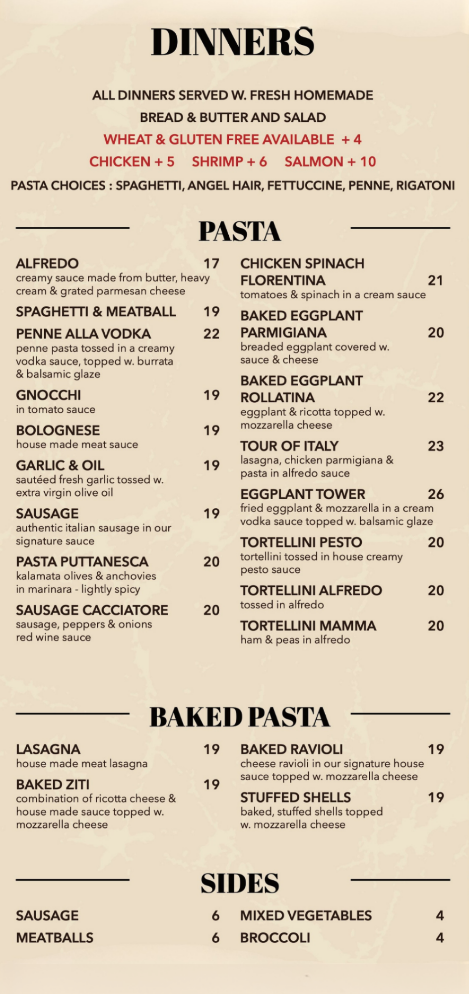 A menu for a restaurant shows fish and seafood meals and chicken