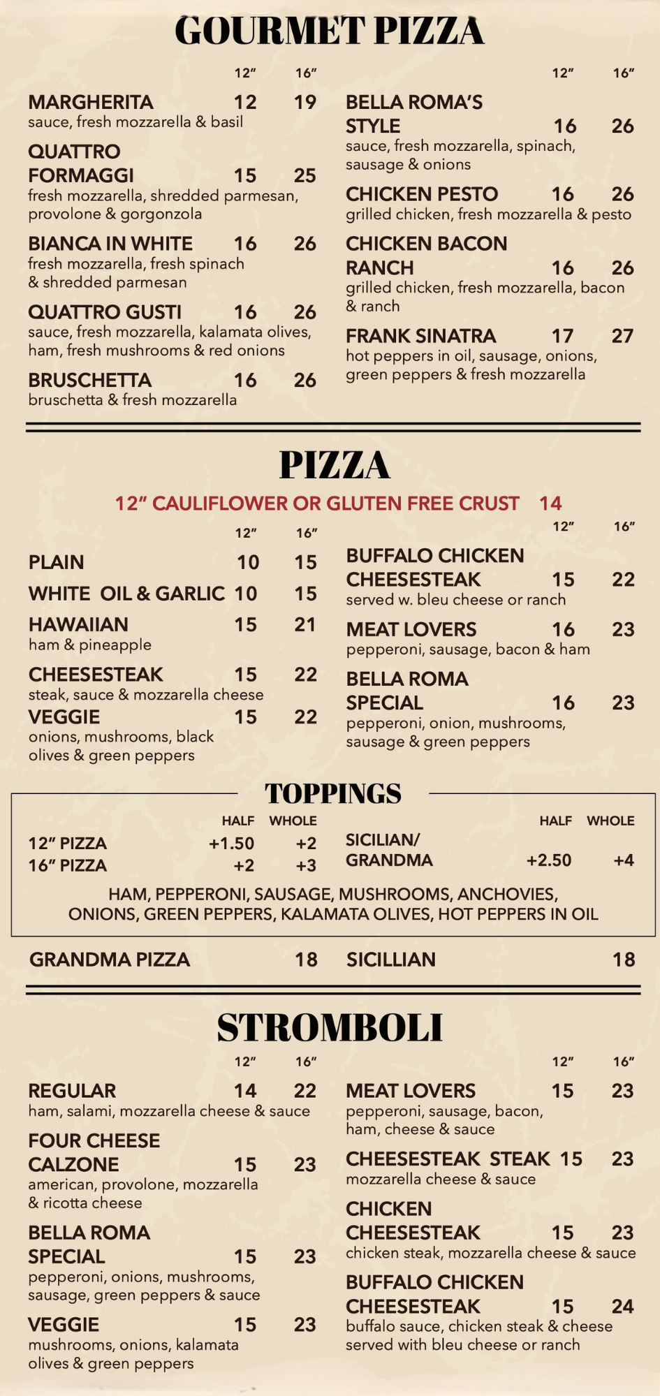 A menu for a restaurant shows dinners , pasta , baked pasta , and shoes.