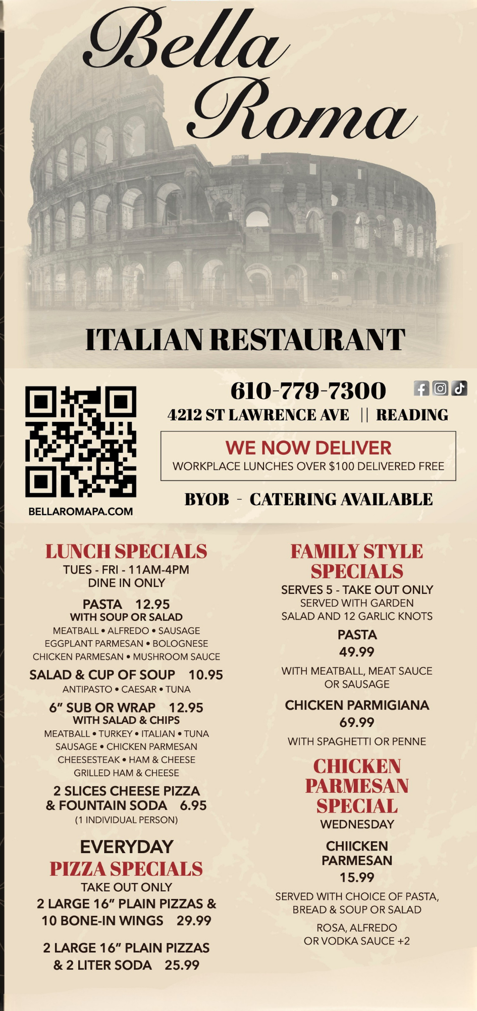 A menu for a restaurant with specialty appetizers and salads