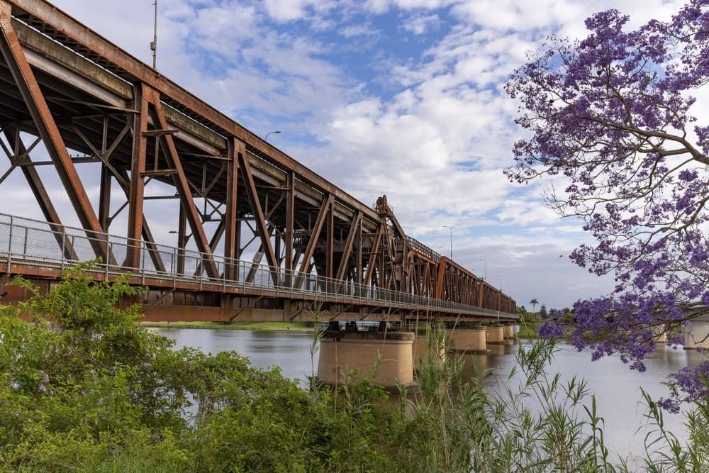 A Bridge Over a River with Purple Flowers in The Foreground — Budget Timbers in Grafton, NSW