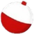 Red and white striped beach ball with a glossy surface, cropped close-up