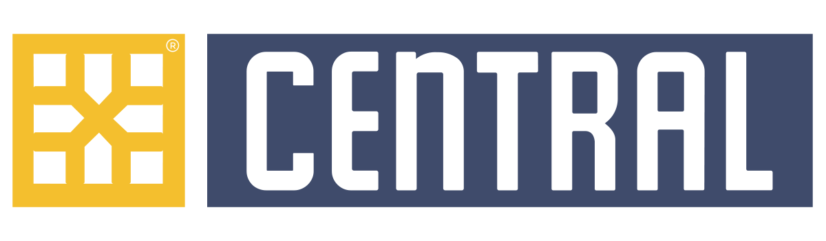 CENTRAL logo with yellow square icon and white text on a dark blue background