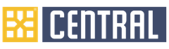 CENTRAL logo with yellow square icon and white text on a dark blue background