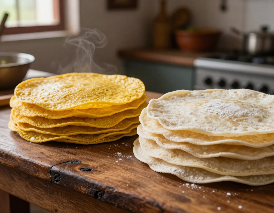 Fresh handmade tortillas stacked on a wooden surface