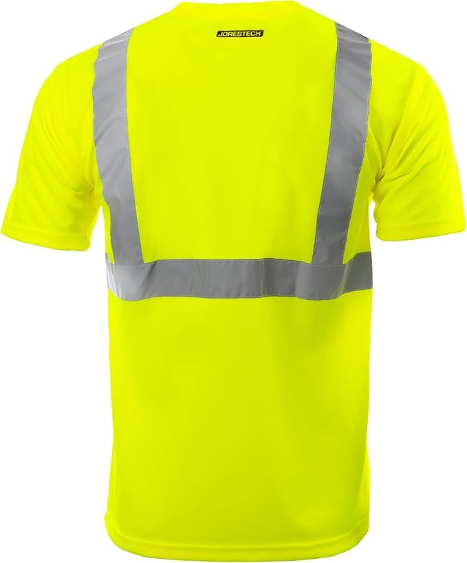 Neon yellow short-sleeve safety t-shirt with reflective grey stripes and a breast pocket.