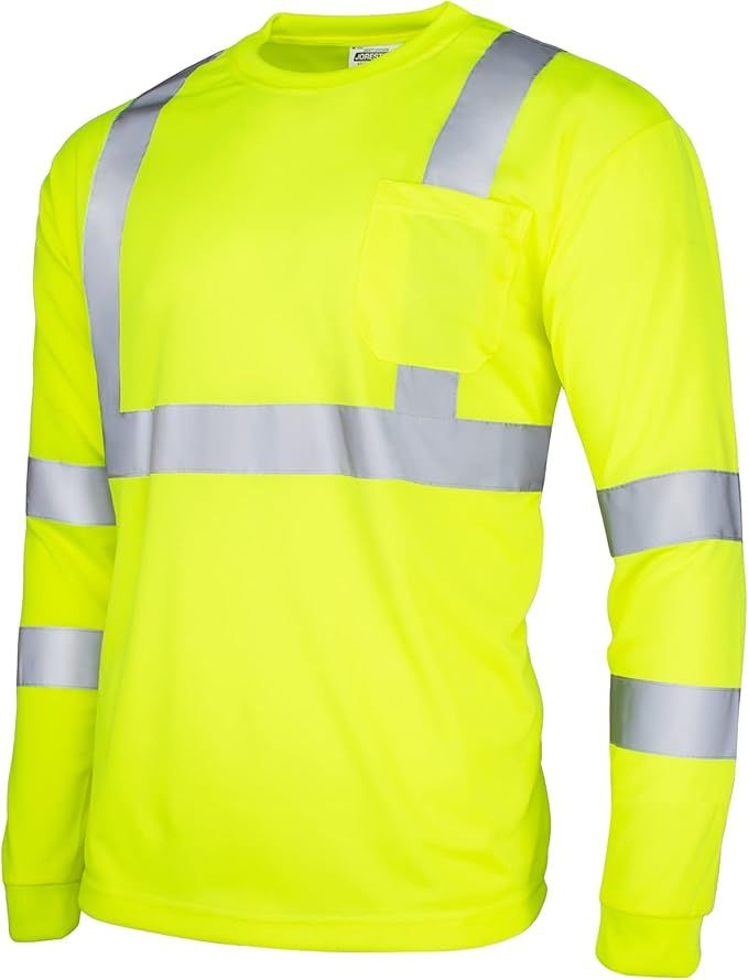 A long-sleeved neon yellow safety shirt with silver reflective horizontal stripes on the chest and arms.
