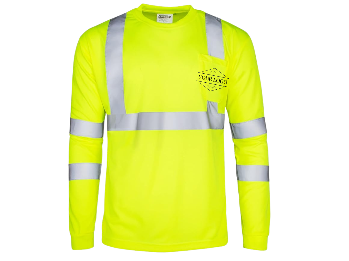 A long-sleeved neon yellow safety shirt with silver reflective horizontal stripes on the chest and arms.