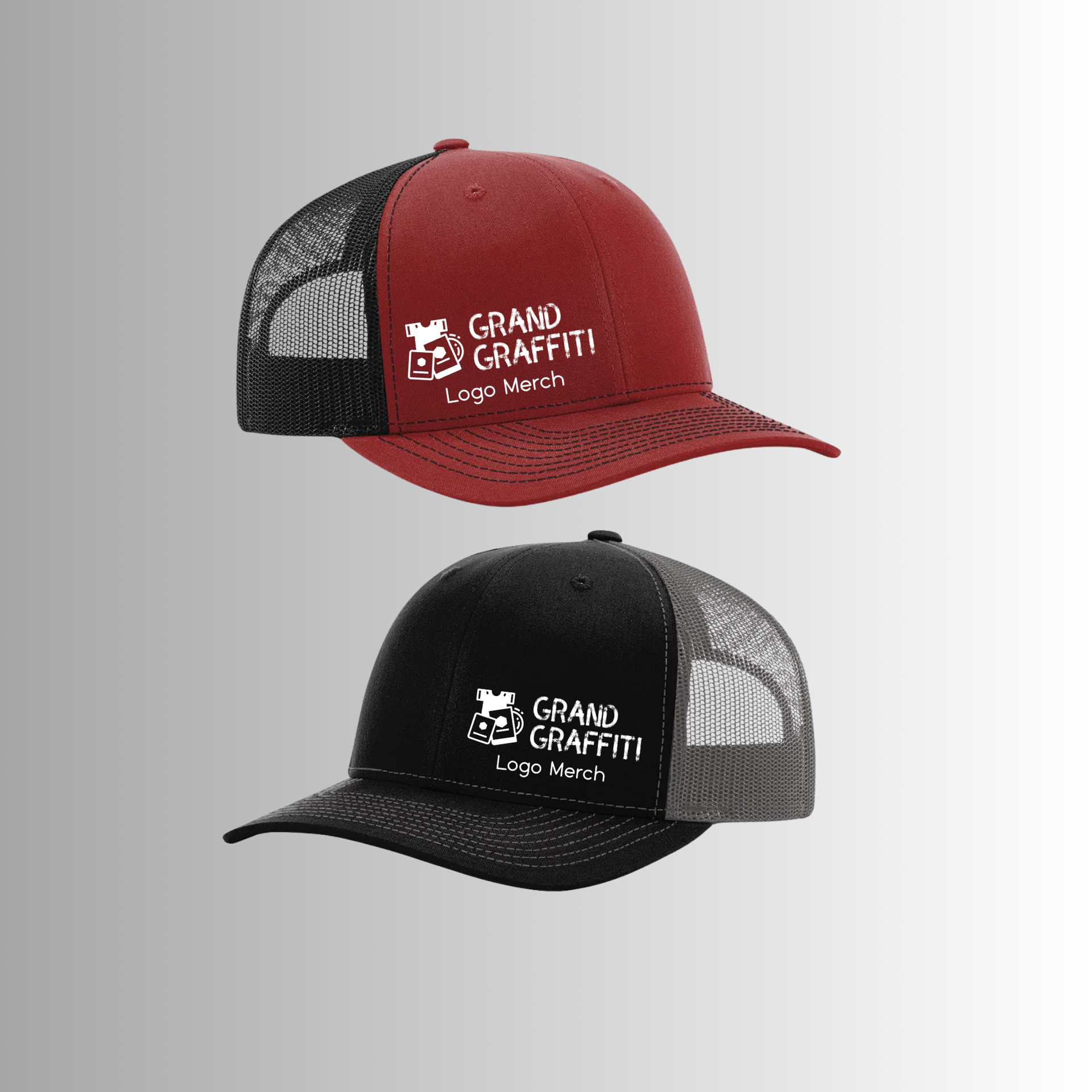 Two trucker caps in red and black, both featuring the white 