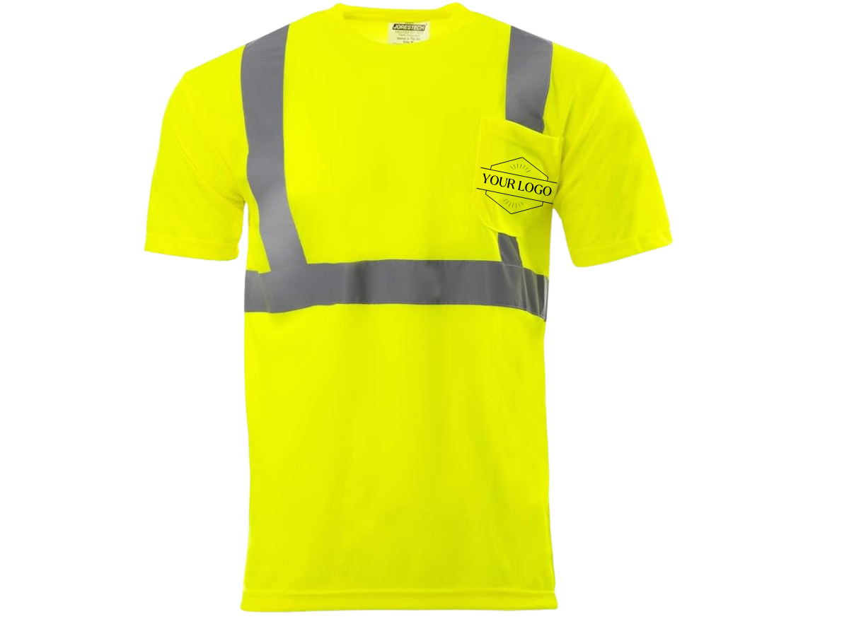 Neon yellow short-sleeve safety t-shirt with reflective grey stripes and a breast pocket.