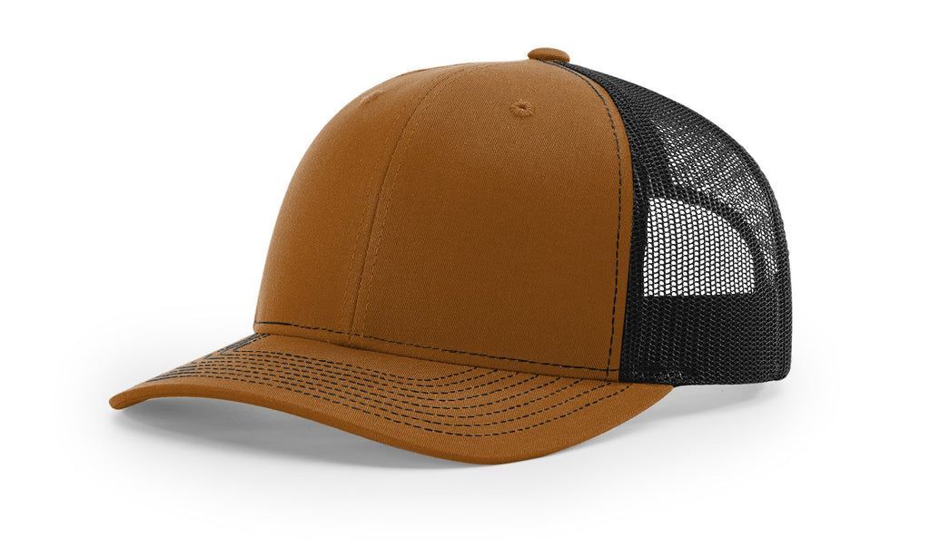 Two trucker caps in red and black, both featuring the white 