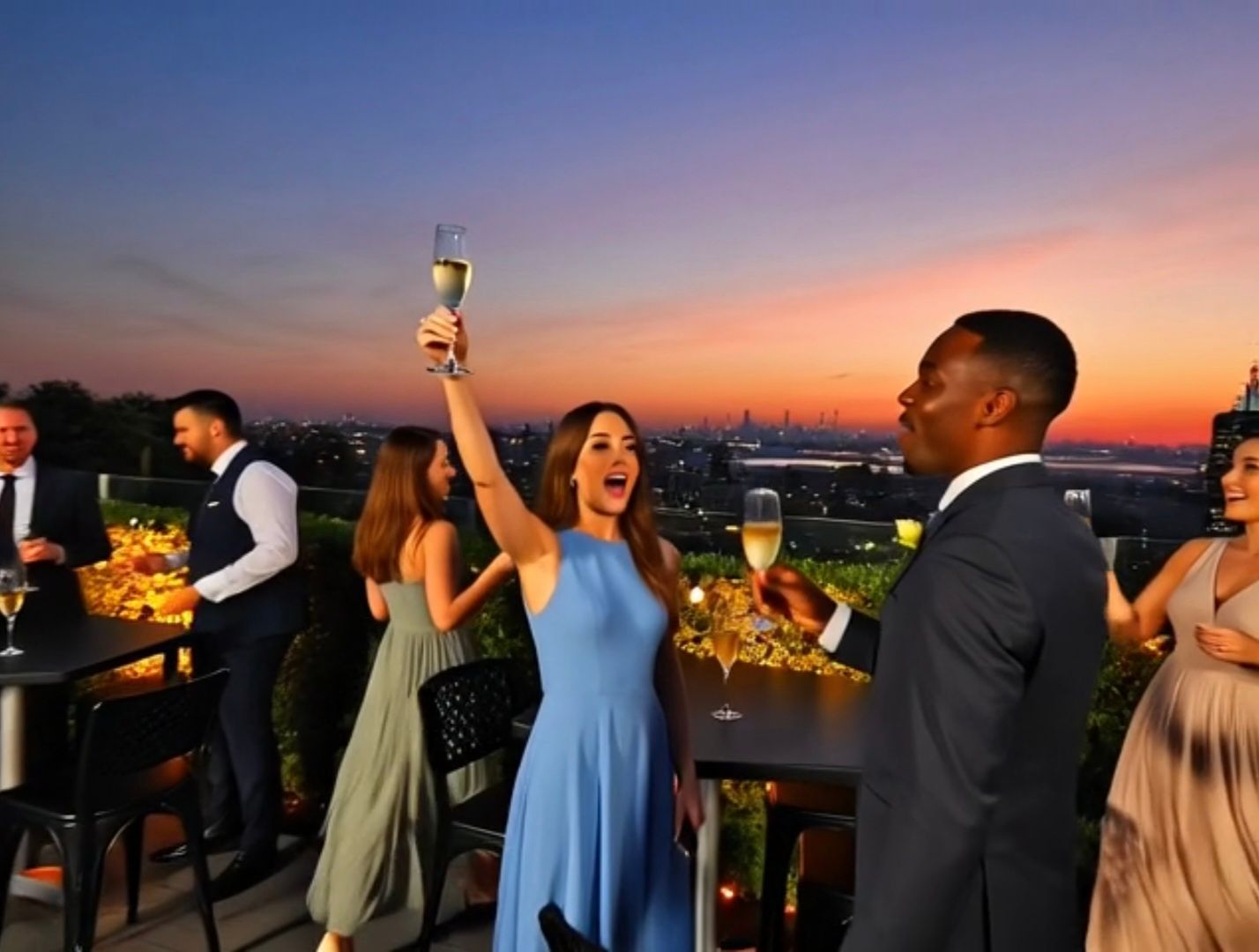 Guests toast with champagne on a rooftop at sunset, with city lights glowing in the background.