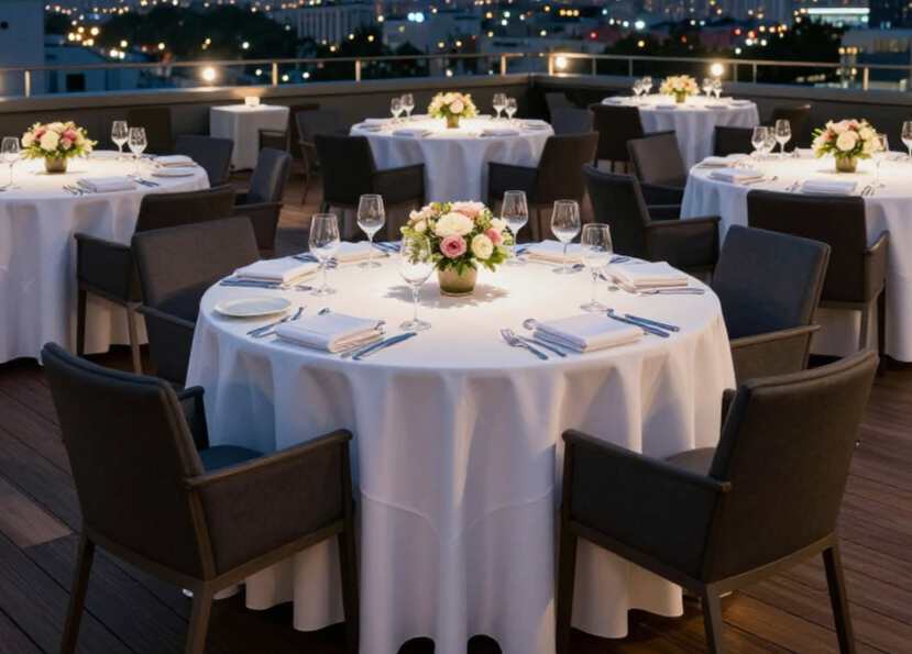 Rooftop dining area with round tables, white tablecloths, dark chairs, and city lights in the background