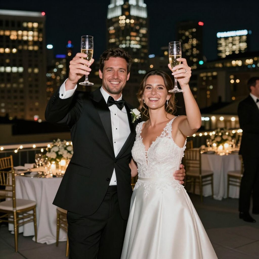 Newlyweds in formalwear toasting on a rooftop at night with city lights behind them