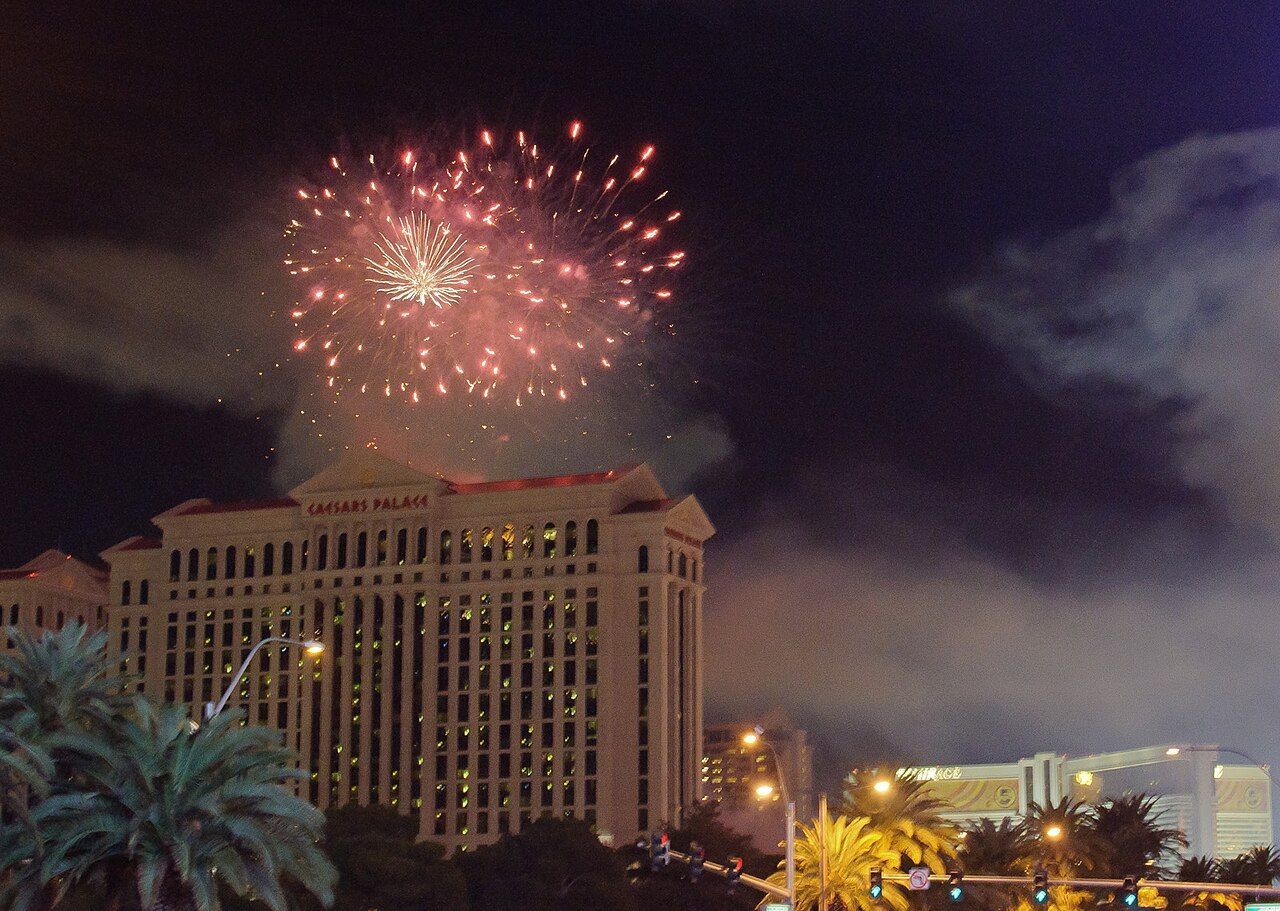 New Year's Eve fireworks bursting over Caesars Palace on the Las Vegas Strip