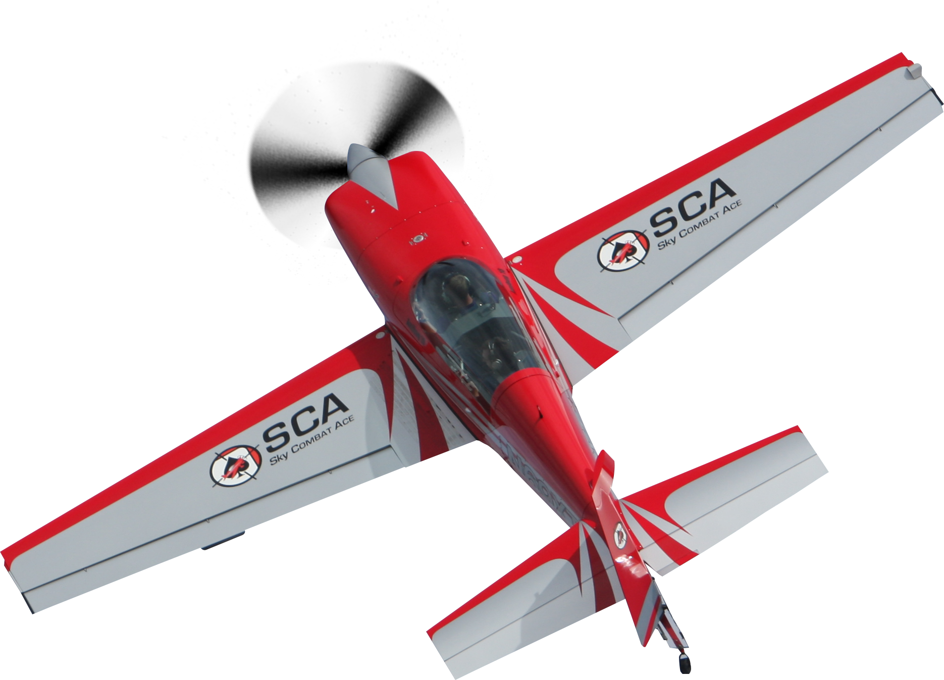 A red and white plane with sca written on the side