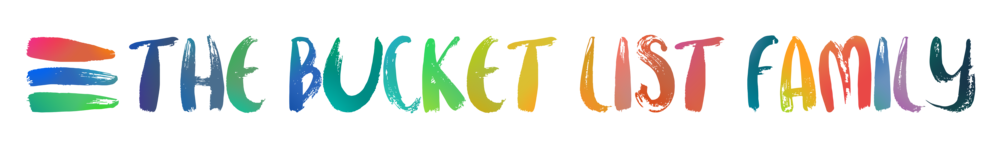 The word the bucket list family is written in rainbow colors on a white background.