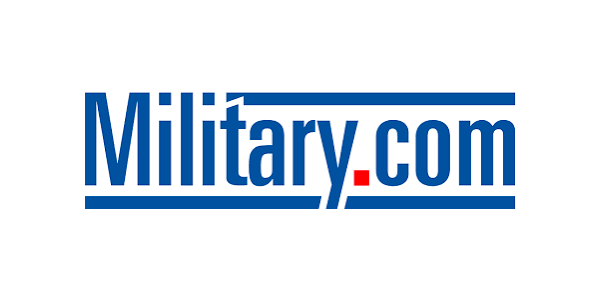 The logo for military.com is blue and white on a white background.