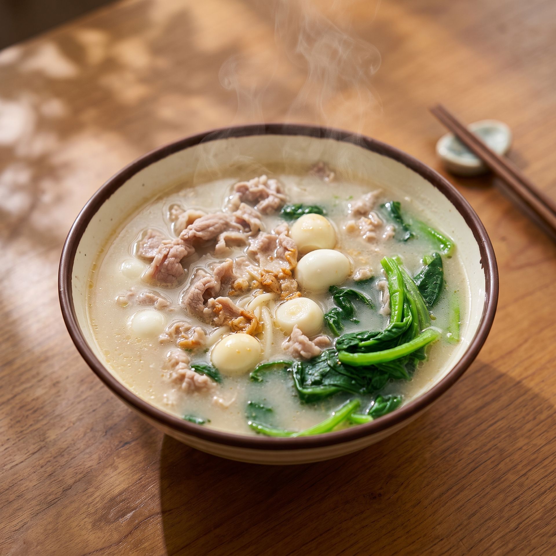 Bowl of creamy soup with meat, round dumplings, and greens on a wooden table
