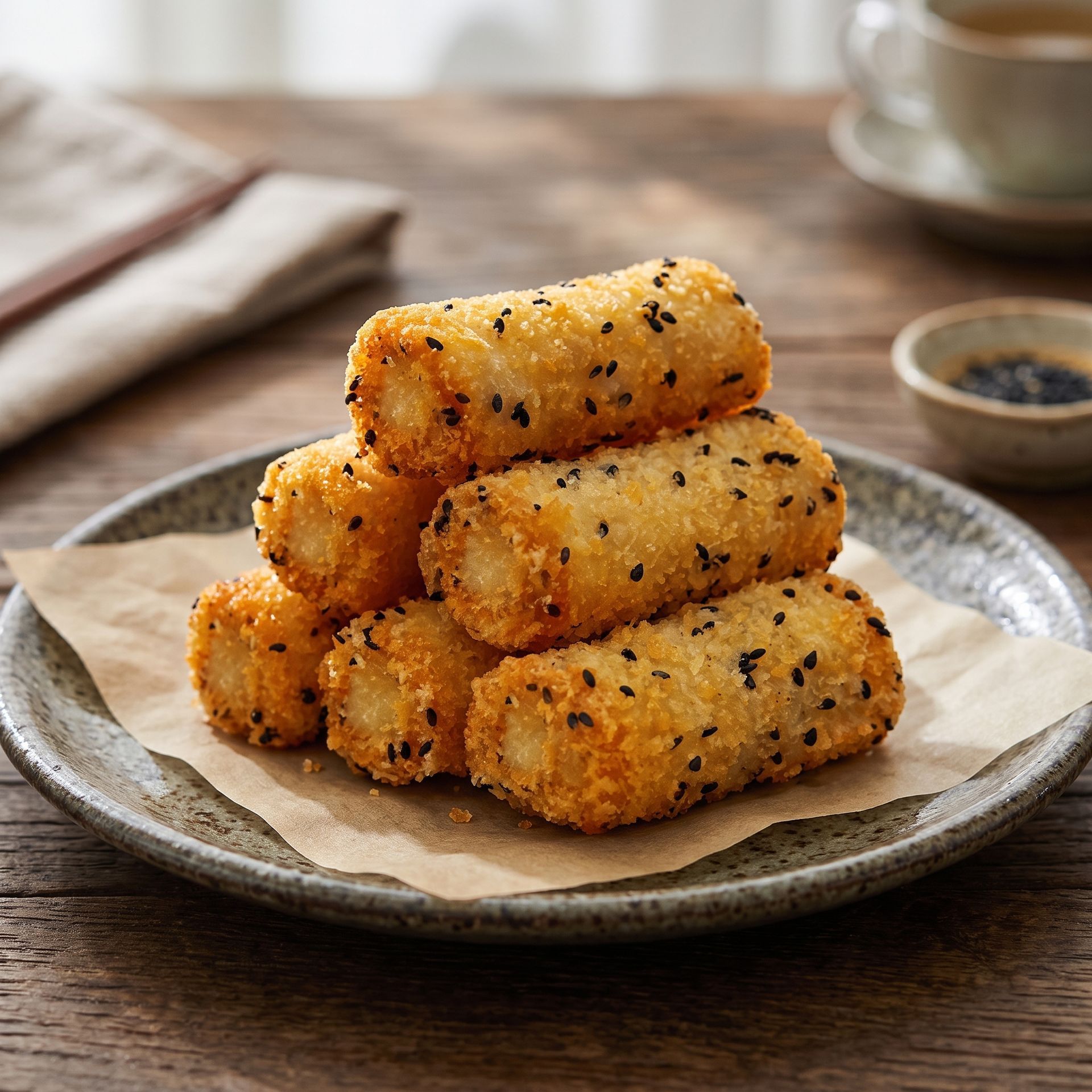 Crispy golden breaded sticks stacked on a plate with dipping sauce on a wooden table