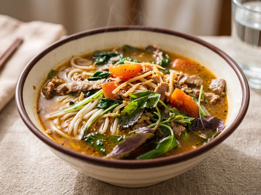 Bowl of noodle soup with vegetables and herbs, topped with shredded garnish on a table