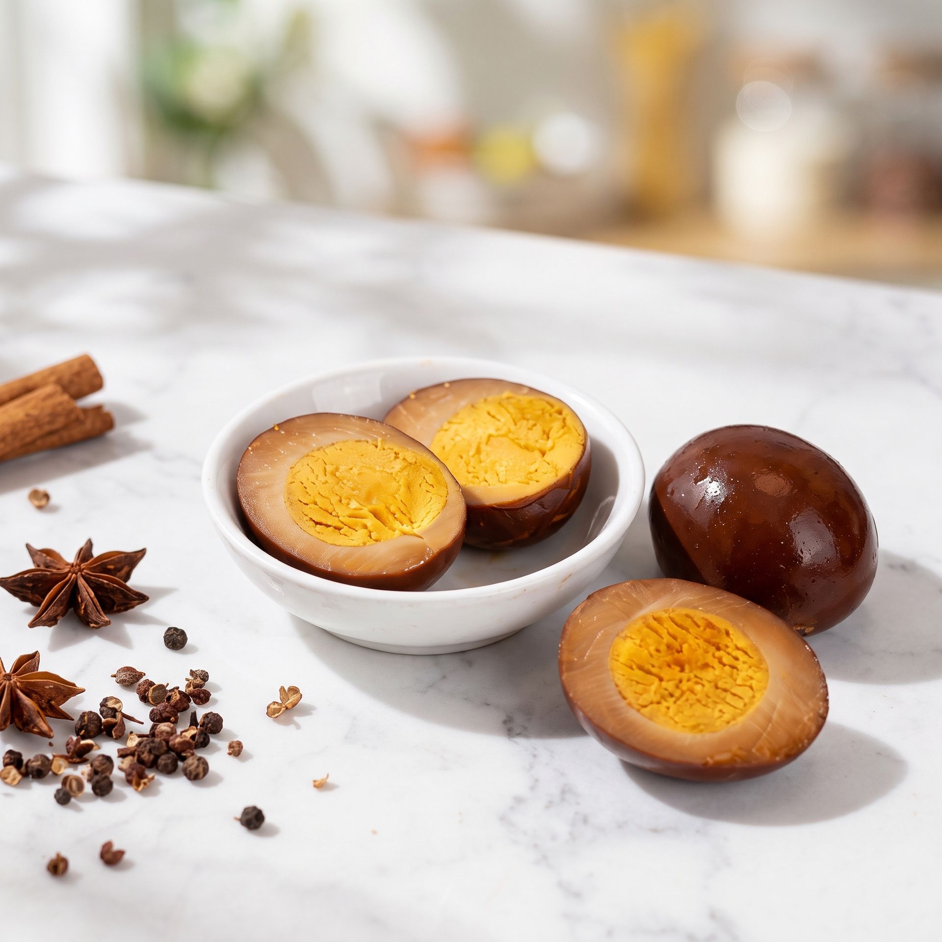 Halved soy-braised eggs in a white bowl with spices on a white countertop