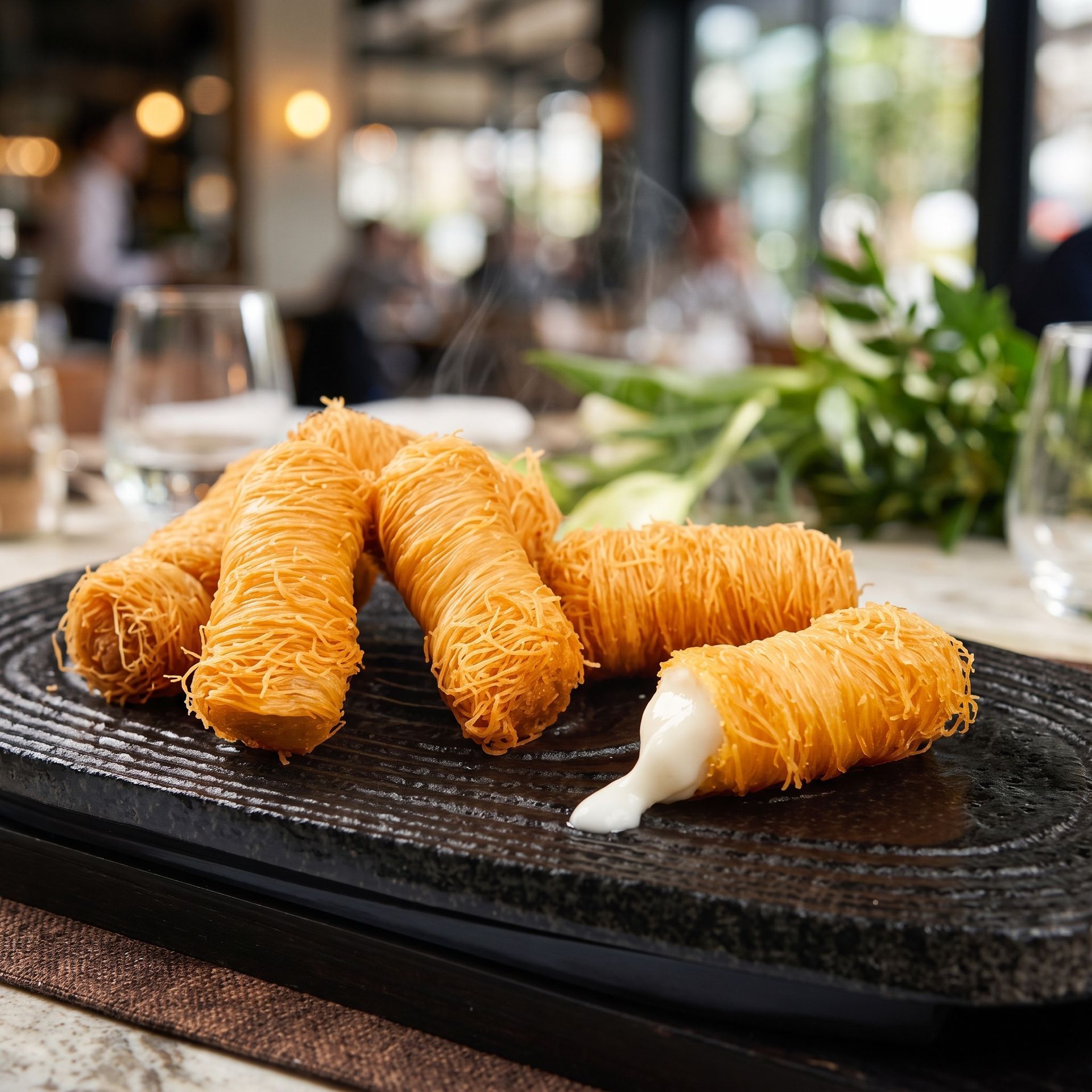 Golden fried pastry rolls on a black platter in a restaurant, one filled with white cream