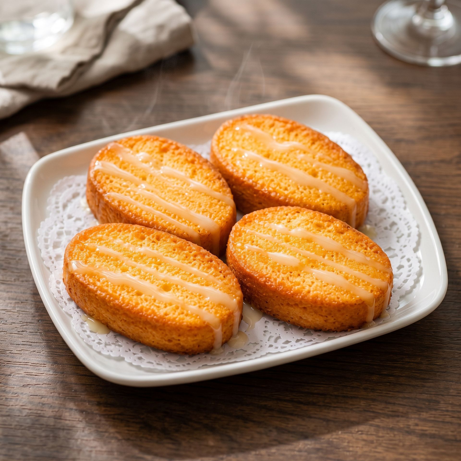 Four golden oval cookies on a white plate atop a wooden table