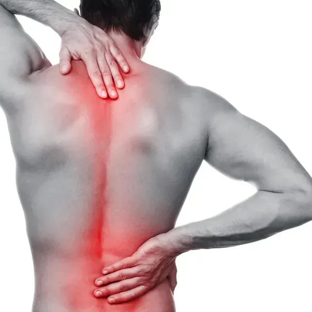 Man holding his neck and lower back, highlighted in red to show pain or discomfort