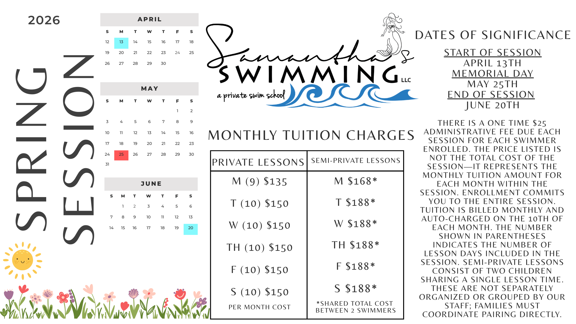 Flyer for Samantha's Swimming Spring Session, including a calendar and tuition charges.