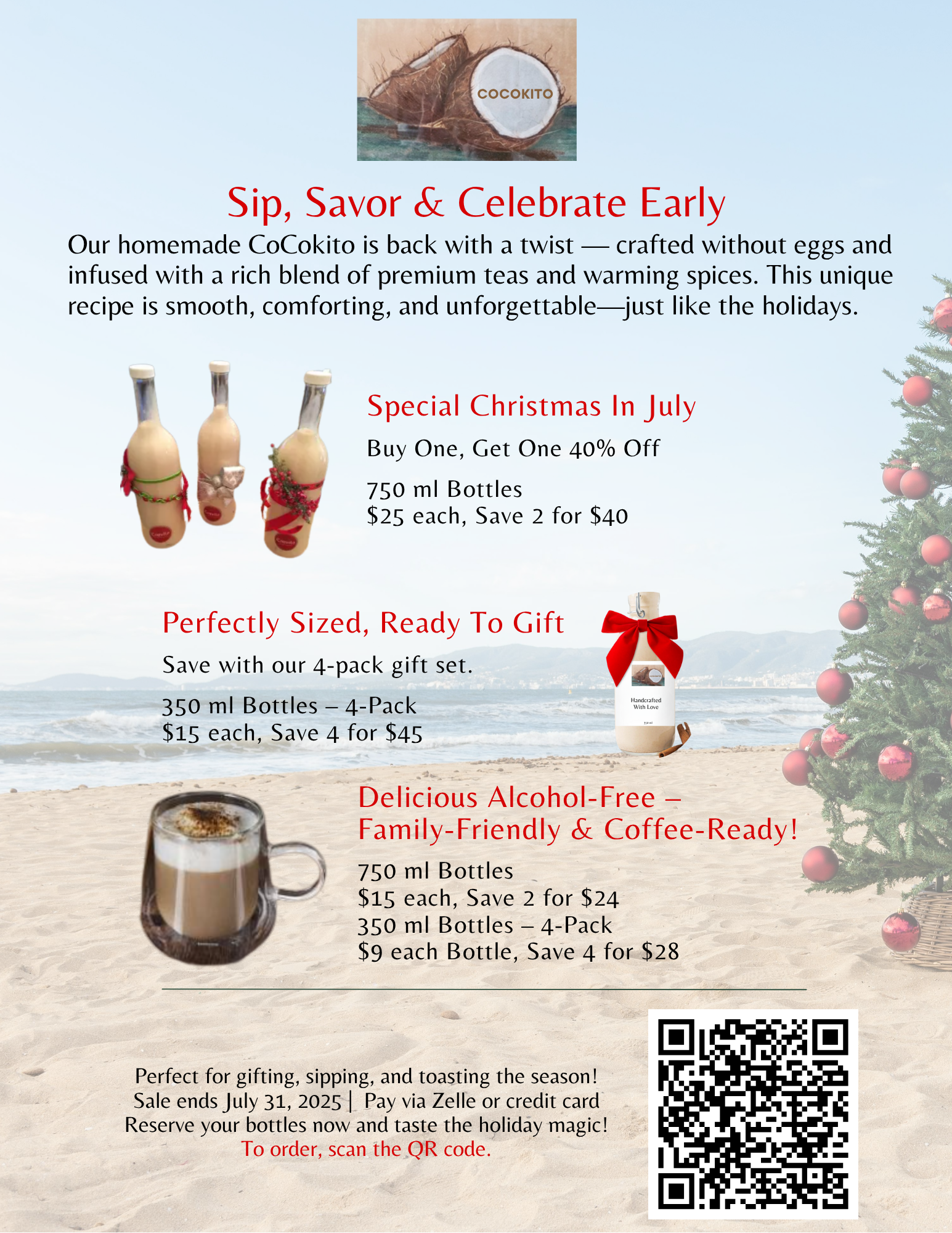 Sales flyer for the Christmas in July sale. Prices and bottle sizes.