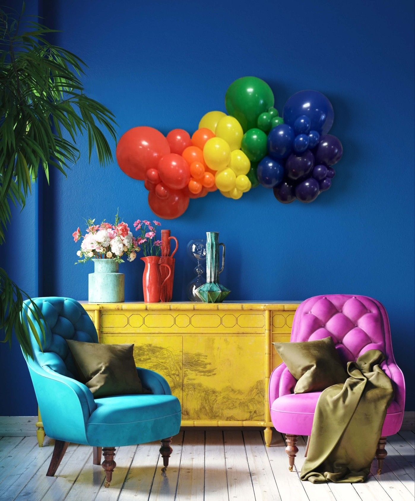 An organic balloon garland in rainbow colors in celebration of PRIDE. Created by Event and Balloons in Hollywood FL.