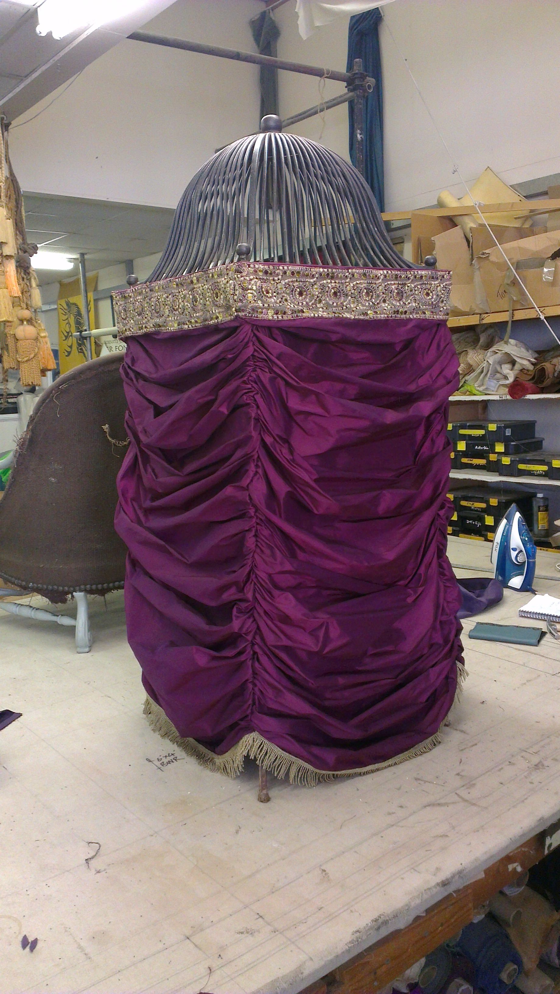 Bird cage with moveable velvet, festoon, cover.
