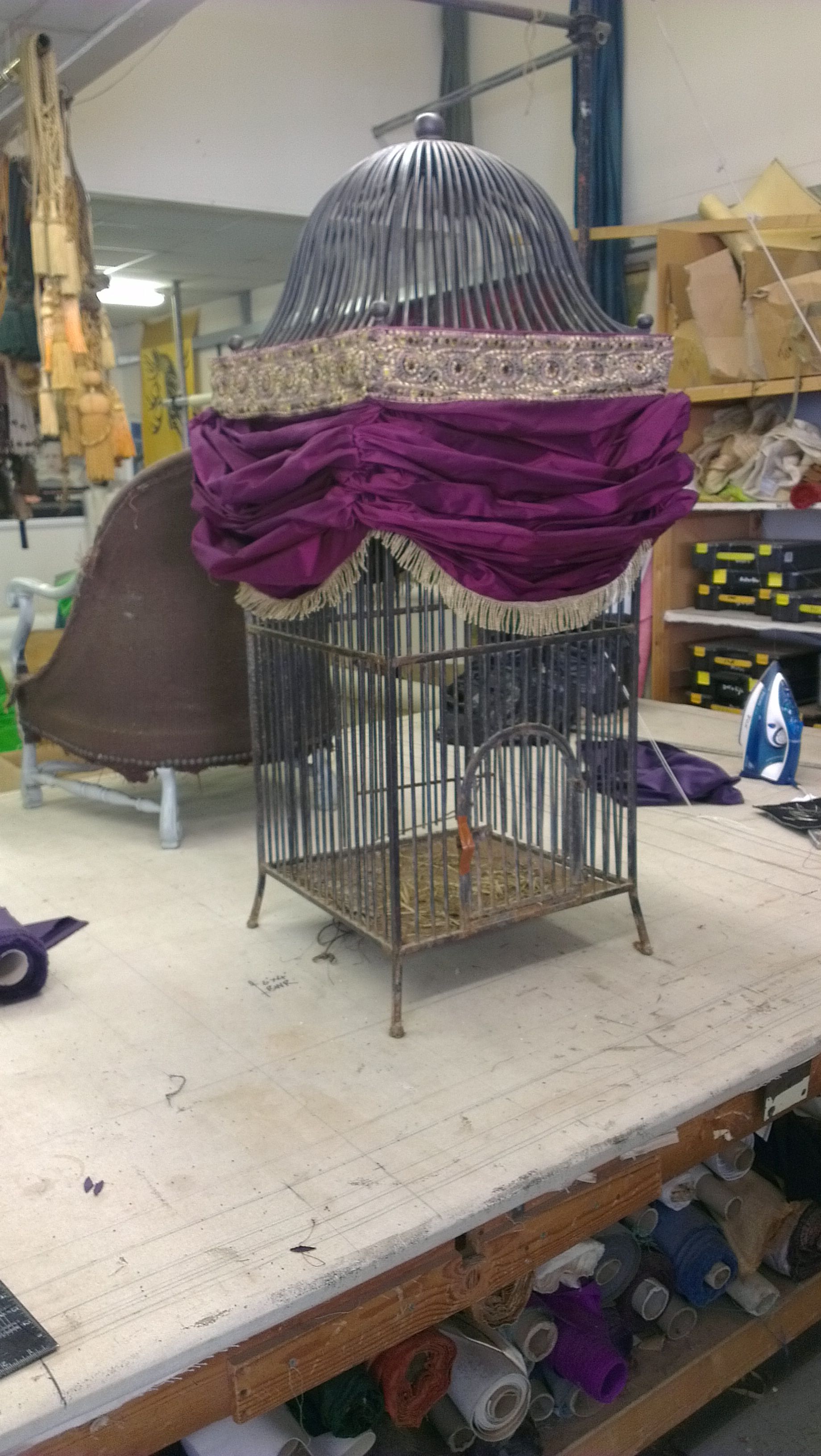 Bird cage with moveable velvet, festoon, cover.