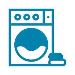 A blue washing machine with a towel next to it.