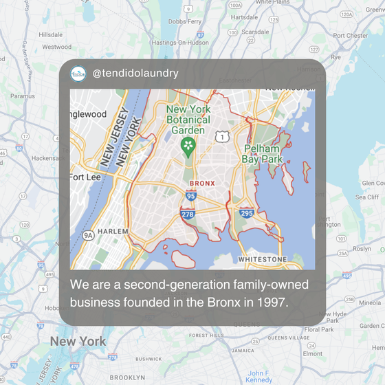 A map of new york with a popup that says we are a second generation family owned business founded in the bronx in 1997