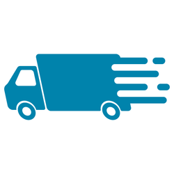 A blue delivery truck is moving fast on a white background.