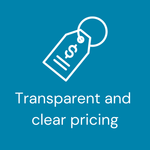 A blue background with a white tag that says transparent and clear pricing