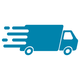 A blue delivery truck is moving fast on a white background.