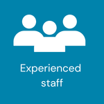 A blue background with three people and the words experienced staff