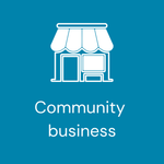 A blue background with a white icon of a community business