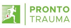 Logo Pronto Trauma con croce medica verde e figura in corsa accanto a testo verde.