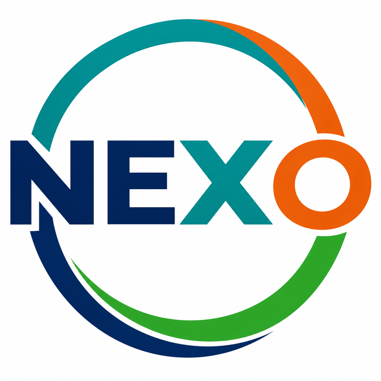 Logotipo de NEXO en diseño circular azul marino, turquesa, verde y naranja.