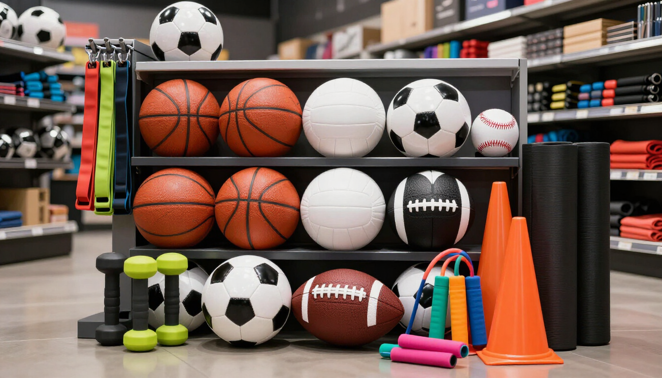 Exhibición de artículos deportivos con balones, mancuernas, esterilla de yoga, conos y bandas de resistencia en un pasillo de la tienda.