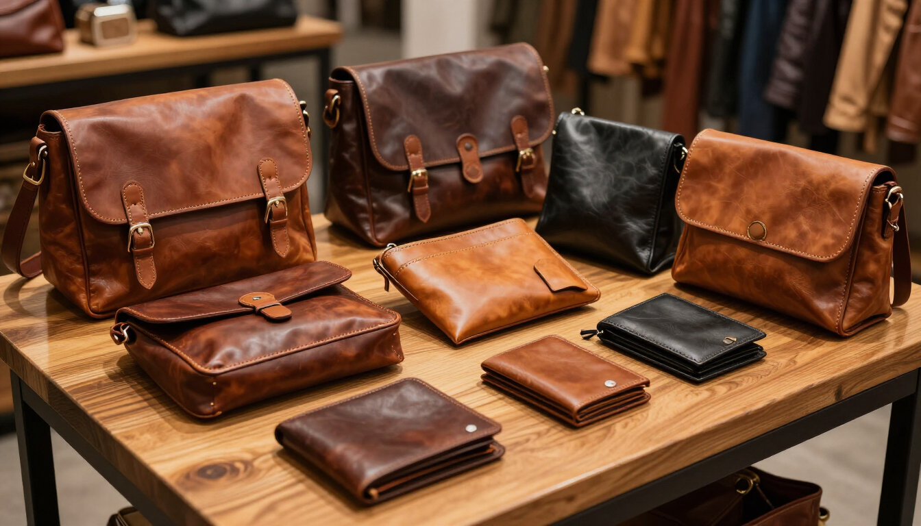 Bolsos y carteras de cuero expuestos sobre una mesa de madera en un taller o mercado.